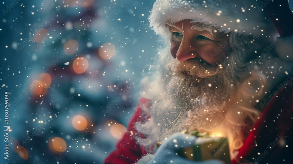 Santa Claus holding a gift in his hands. Christmas magic during a holy snowy night. Santa Claus holding a gift in his hands. Christmas magic during a holy snowy night.