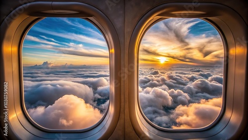 Forced perspective of serene cloudscape viewed through twin airplane windows at dawn