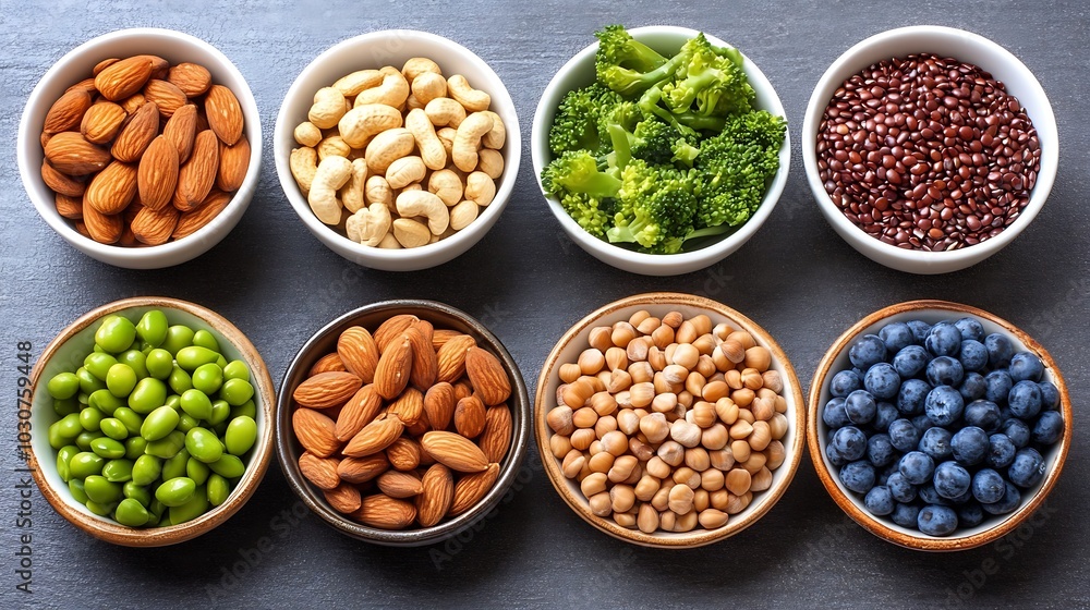 Assortment of healthy foods in bowls on a dark surface. Assortment of healthy foods in bowls on a dark surface.