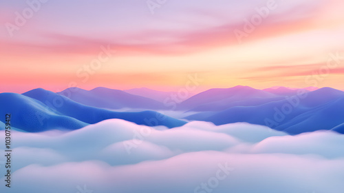 A magical vista of a misty valley at sunrise, with flowing fog and gentle colors to evoke feelings of renewal and peace. photo