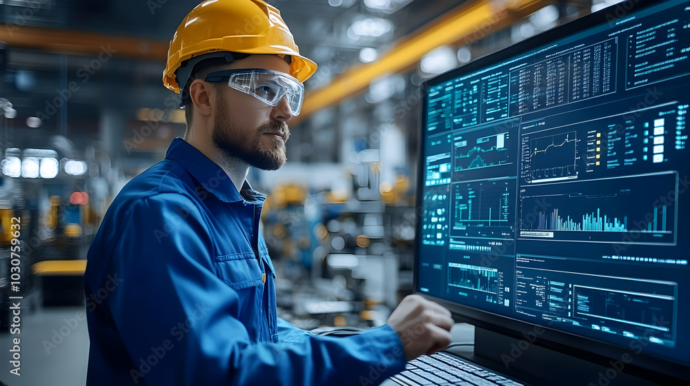 Worker analyzing data on a computer in an industrial setting. Worker analyzing data on a computer in an industrial setting.