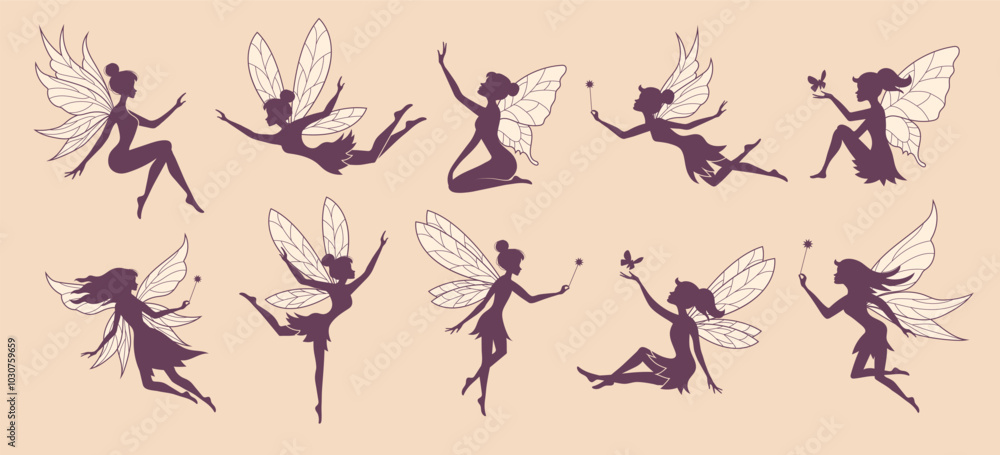 Fairy silhouettes. Fantasy female flying beauty characters with wings recent vector fairy persons in action poses Fairy silhouettes. Fantasy female flying beauty characters with wings recent vector fairy persons in action poses