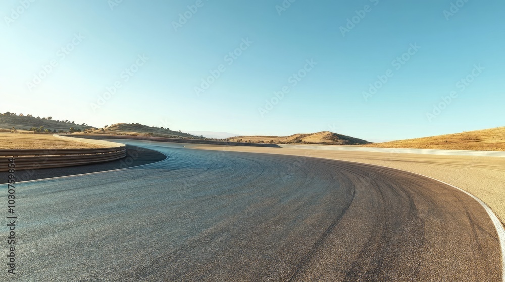 Naklejka premium Empty race track under clear skies with winding curves and copy space for text, no cars or people in view