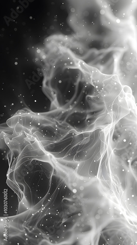 The black and white abstract art beautifully illustrates ethereal smoke and drifting particles, creating a dreamy atmosphere with an artistic touch and enchanting ambiance