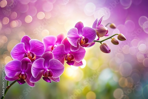 Forced perspective purple orchid flowers with bright background