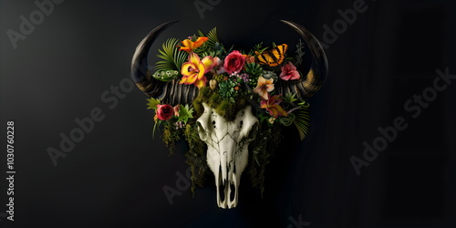 Bohemian western mystical buffalo skull decorated with flowers and forest plants. Bohemian bull head, western vintage animal on black background. Hipster design print.
