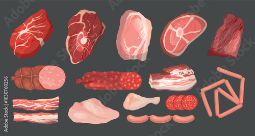 Meat products. Fresh farm butchery products top view sausages bbq pork beef bacon recent vector cartoon illustration set in flat style
