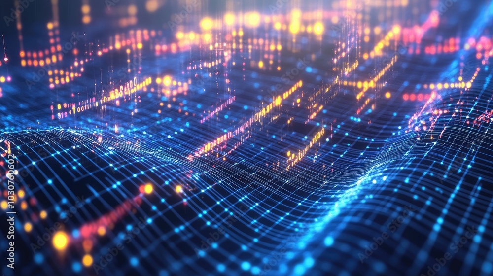 Fototapeta premium Futuristic digital grid with glowing data waves and abstract particles for modern technological processes