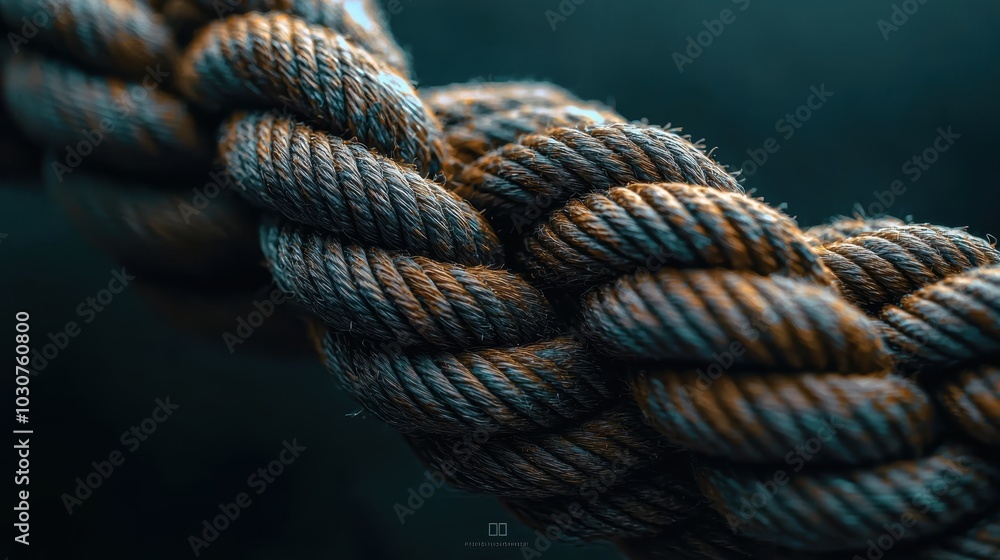 Fototapeta premium A high-fidelity macro shot highlighting the intricate texture of twisted rope, showcasing its detailed fibers and rugged design against a soft background.