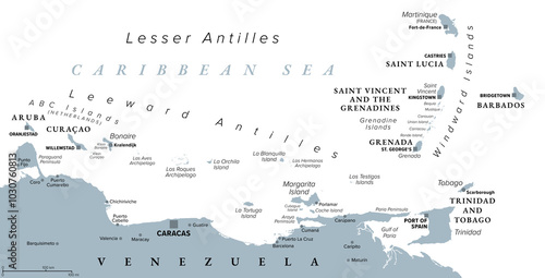 Hurricane free Caribbean islands, gray political map. Leeward Antilles and Windward Islands are safest from hurricanes. Aruba, Barbados, Bonaire, Curacao, Grenada, The Grenadines, Trinidad and Tobago.