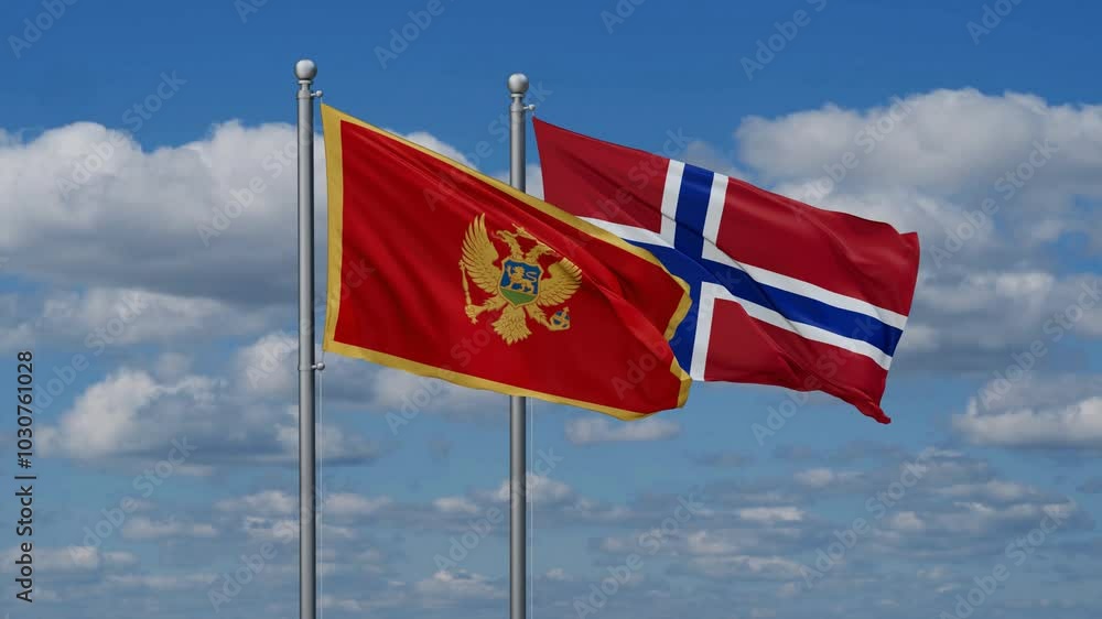 Norway and Montenegro flags flying together, video concept of the relationship, two country relations concept Norway and Montenegro flags flying together, video concept of the relationship, two country relations concept