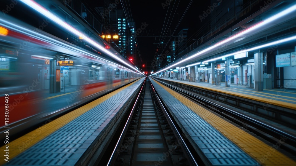 A captivating night view of a train station interior, showcasing the dynamic movement of trains and illuminated tracks in a vibrant urban setting. A captivating night view of a train station interior, showcasing the dynamic movement of trains and illuminated tracks in a vibrant urban setting.