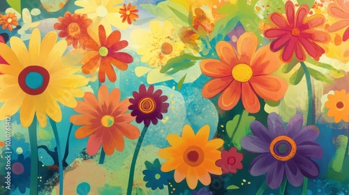Wallpaper Mural Colorful flowers and leaves on a blue background. Torontodigital.ca
