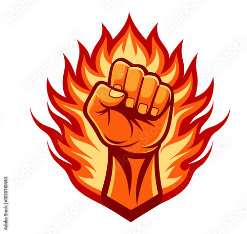 Vector illustration of a powerful raised clenched fist engulfed in red flames, symbolizing hand power and freedom, with a fiery fist icon.