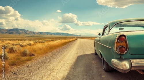 A classic green car driving on a long, dusty road in the desert.