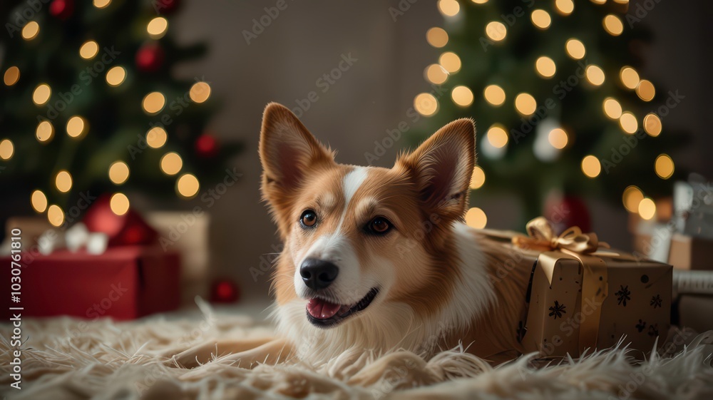 Cute dog lying on the mat near the Christmas tree Cute dog lying on the mat near the Christmas tree