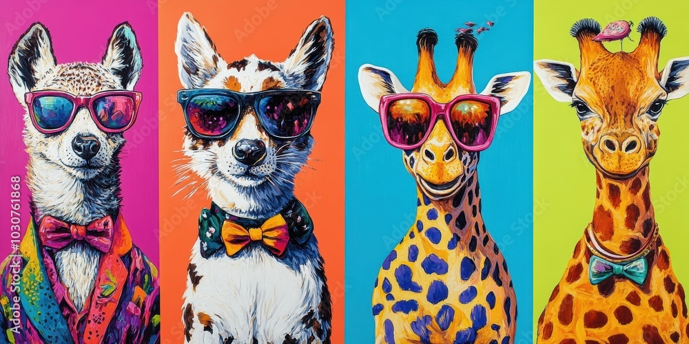 Four animals wearing sunglasses and bow ties. Four animals wearing sunglasses and bow ties.