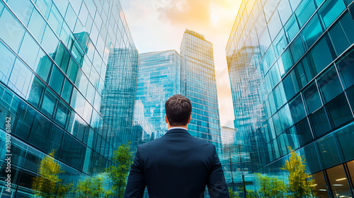 Back of businessman in suit with business office glass modern buildings background for financial freedom portfolio or company profit and strategy growth IPO poster