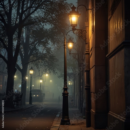 Fototapeta Naklejka Na Ścianę i Meble -  A foggy street at night, lit by street lamps.
