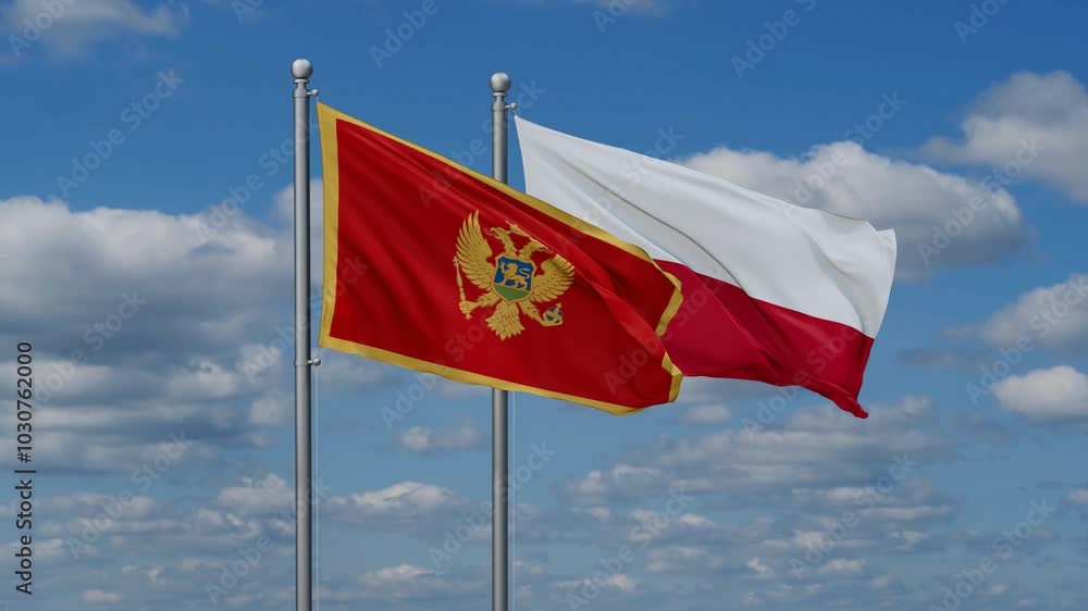 Poland and Montenegro flags flying together, video concept of the relationship, two country cooperation concept Poland and Montenegro flags flying together, video concept of the relationship, two country cooperation concept