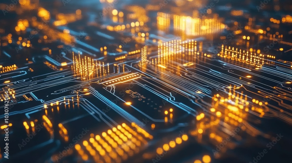 Obraz premium Glowing circuit board with digital waves and abstract data flow representing technological advancement