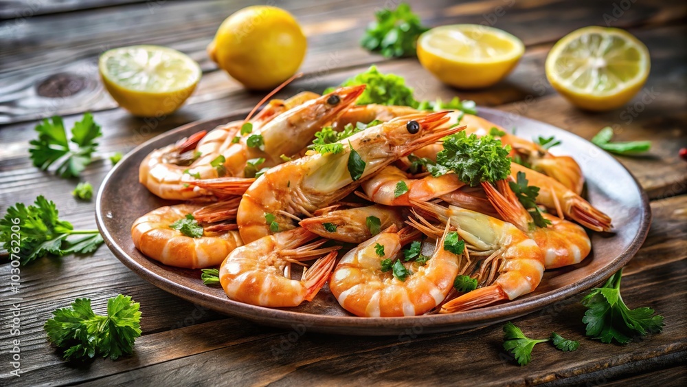 Forced perspective view of fried roasted shrimp in plate with lemon, greens, parsley, and garlic. Forced perspective view of fried roasted shrimp in plate with lemon, greens, parsley, and garlic.