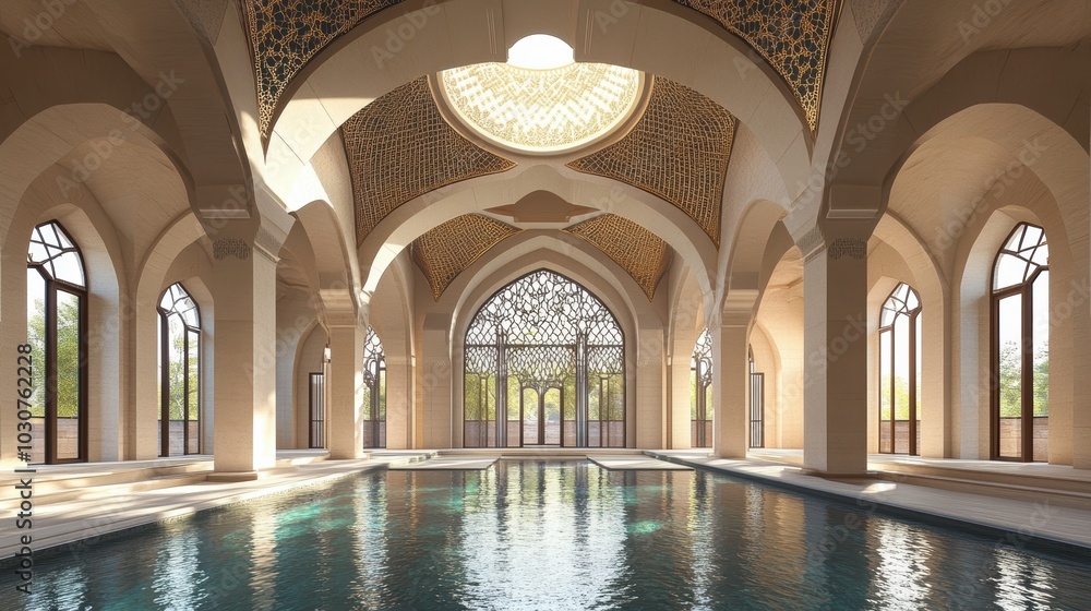 Arched hall with a pool and windows. Arched hall with a pool and windows.
