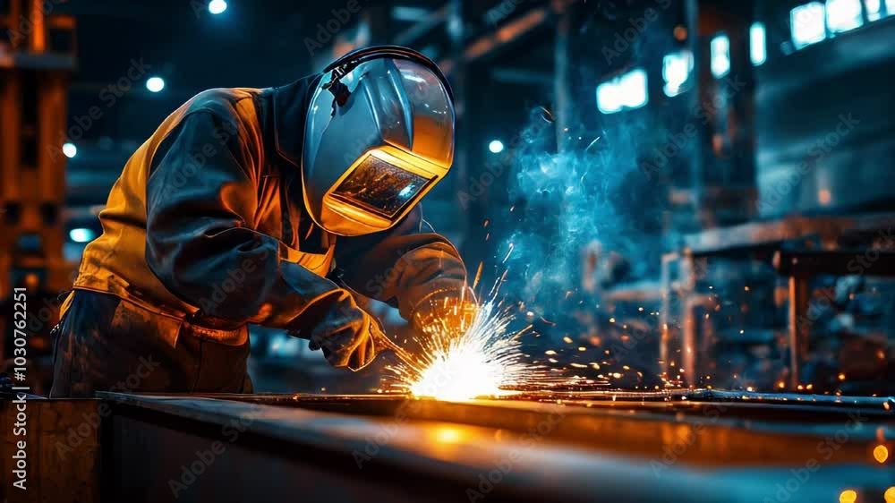 A skilled welder wearing protective gear works in an industrial workshop, sparks flying as metal is fused together. A skilled welder wearing protective gear works in an industrial workshop, sparks flying as metal is fused together.