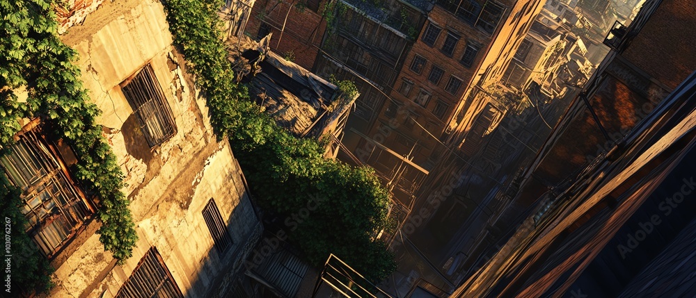 A breathtaking view of a sunlit urban alley, featuring lush greenery entwined with architectural beauty. A breathtaking view of a sunlit urban alley, featuring lush greenery entwined with architectural beauty.