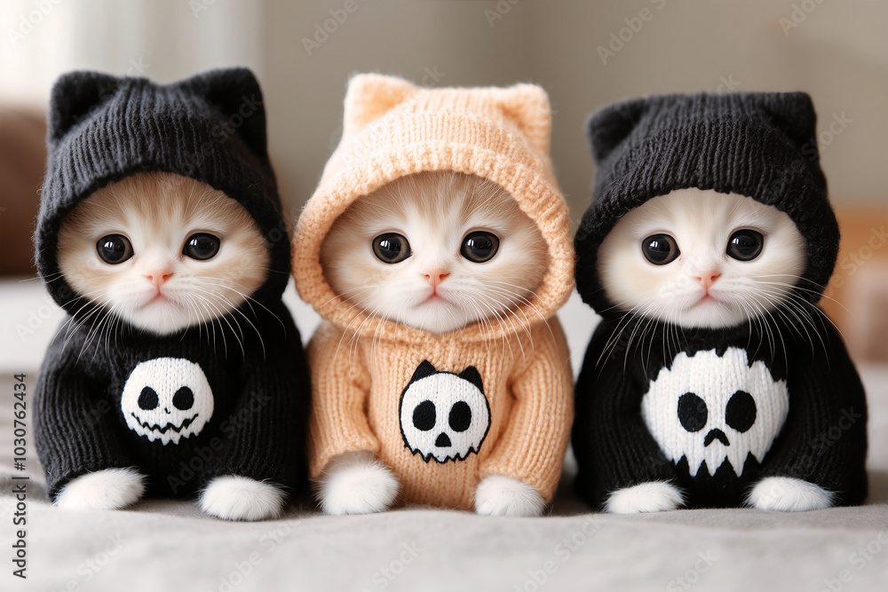Obraz premium Halloween Wallpaper with adorable cats wearing Halloween costumes, with a warm and playful feel