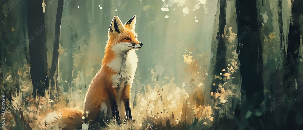 Obraz premium A serene fox sits gracefully in a sunlit forest, surrounded by lush greenery and delicate wildflowers, embodying nature's beauty.