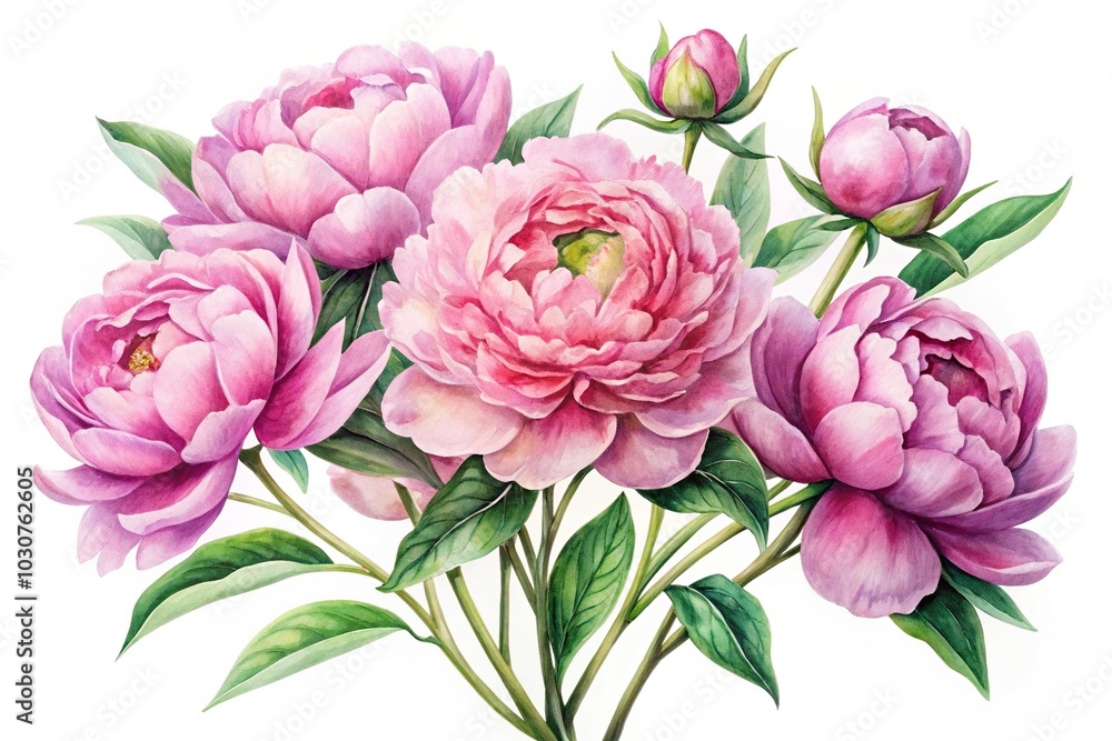Obraz premium Forced perspective watercolor painting of pink peonies on white background