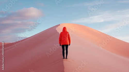 A stunning view of expansive coral-colored sand dunes under a pastel sunset, featuring a solitary figure in vibrant attire amidst the serene landscape.