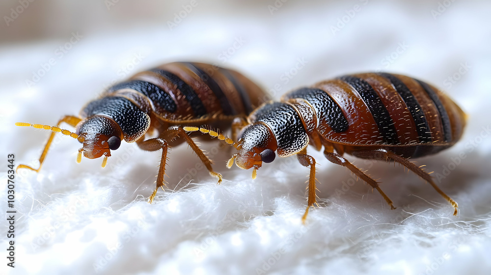 Close-up of two bed bugs on a textured surface. Close-up of two bed bugs on a textured surface.