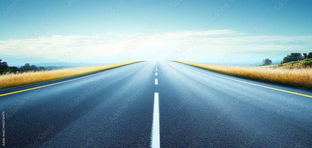 Fototapeta premium A long, empty highway extends into the horizon, flanked by lush greenery under a clear blue sky.