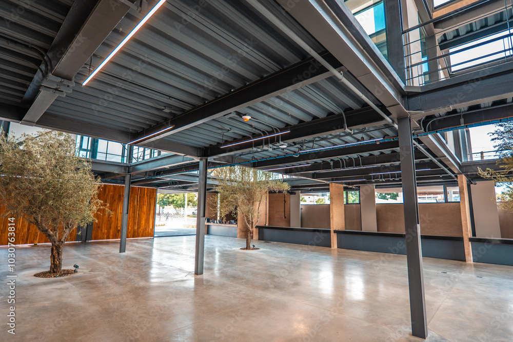 Picture of Modern office interior with exposed concrete ceiling and floor. 3d ...