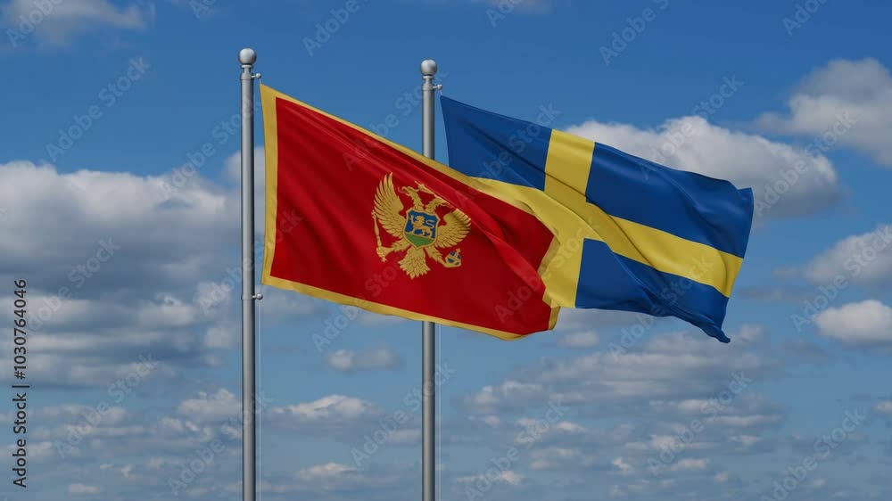 Sweden and Montenegro flags flying together, video concept of the relationship, two country cooperation concept Sweden and Montenegro flags flying together, video concept of the relationship, two country cooperation concept