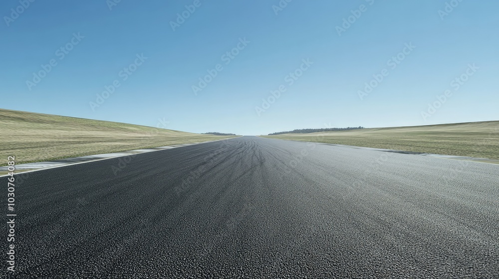 Naklejka premium Lonely race circuit under clear skies, with long straight sections and wide copy space, no vehicles or individuals