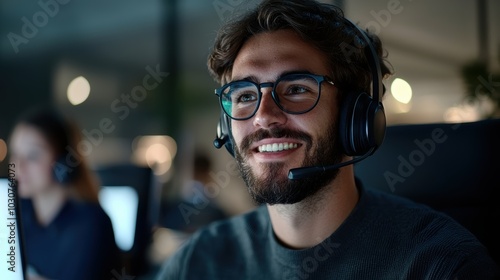 A smiling young man wearing a headset in a bright office cubicle. The scene captures a professional environment focused on communication and teamwork.