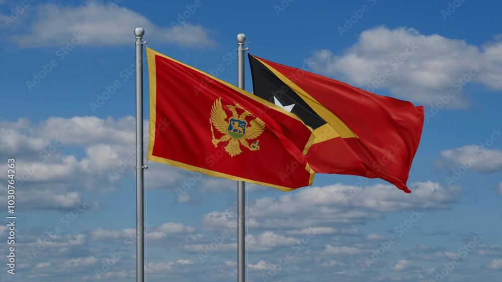 East Timor and Montenegro flags flying together, video concept of the relationship, two country cooperation concept East Timor and Montenegro flags flying together, video concept of the relationship, two country cooperation concept
