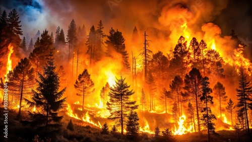 Forest fire with burning trees against night sky