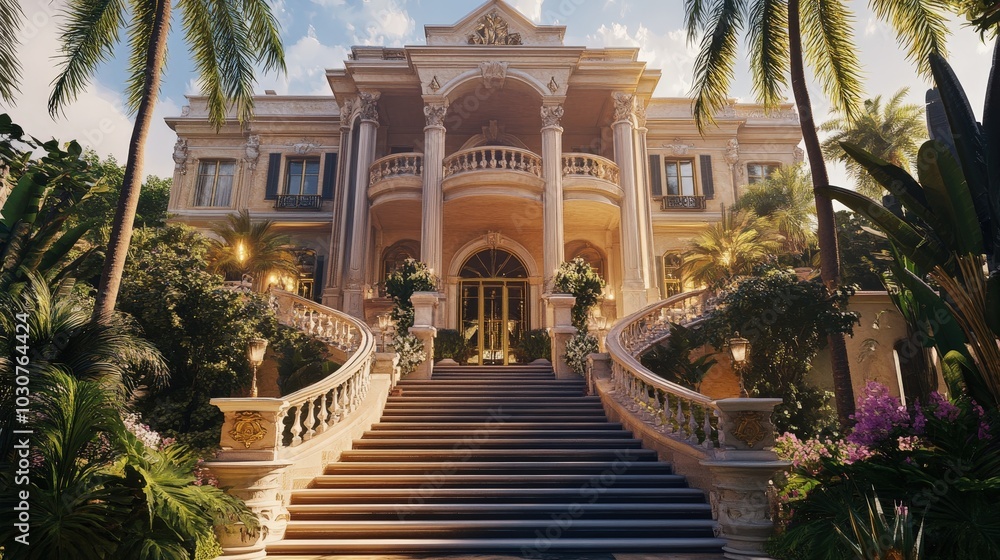 Fototapeta premium Elegant mansion with grand staircase entrance.