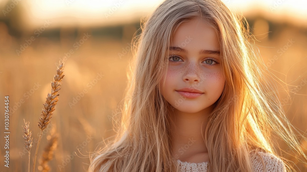 A beautiful portrait of a teenage girl in a sunlit field, surrounded by golden wheat. Her natural beauty shines through as she smiles gently, embodying warmth and serenity. A beautiful portrait of a teenage girl in a sunlit field, surrounded by golden wheat. Her natural beauty shines through as she smiles gently, embodying warmth and serenity.