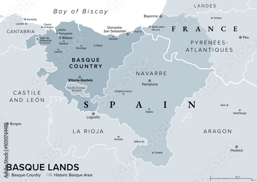 Basque Lands, gray political map. Basque Country, autonomous community in Spain with capital Vitoria-Gasteiz in dark gray, and historic Basque area in Spain and France in dark and lighter gray colors.
