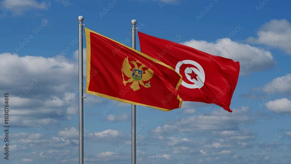Tunisia and Montenegro flags flying together, video concept of the relationship, two country cooperation concept Tunisia and Montenegro flags flying together, video concept of the relationship, two country cooperation concept