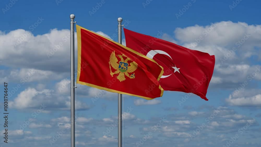 Republic of Turkey and Montenegro flags flying together, video concept of the relationship, two country cooperation concept Republic of Turkey and Montenegro flags flying together, video concept of the relationship, two country cooperation concept