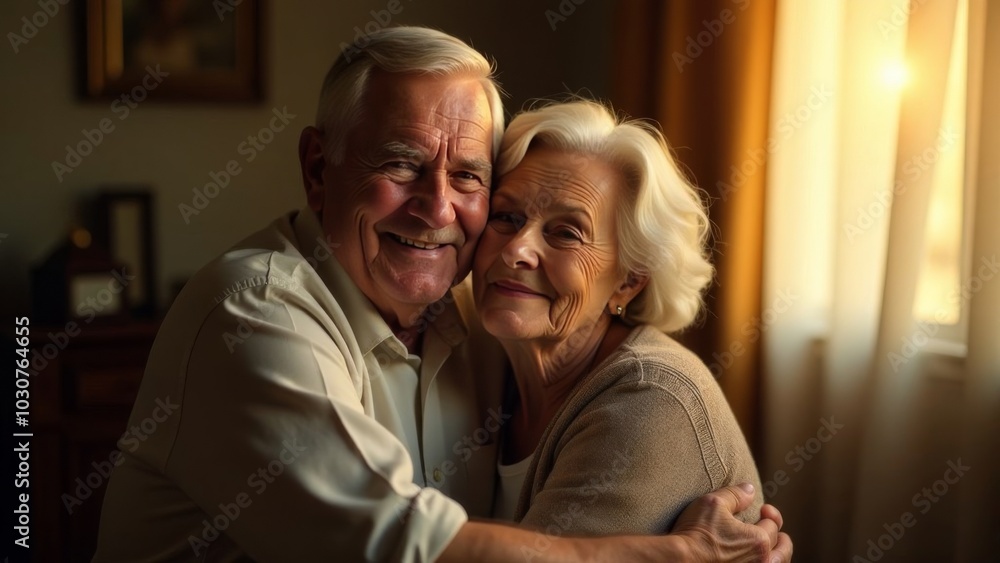 Elderly couple hugging, smiling in great mood at home Elderly couple hugging, smiling in great mood at home