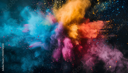 Colorful powder explosion on a black background, Holi festival concept.