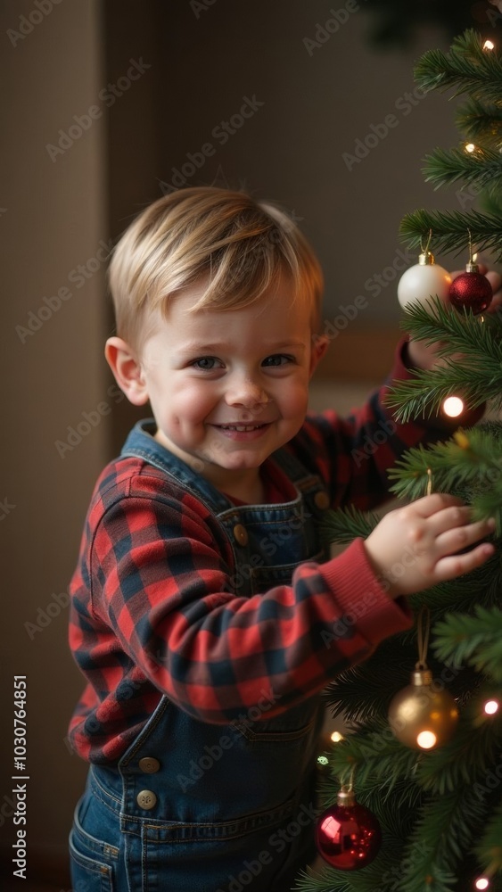 Smiling child decorating glowing Christmas tree, boy holding a New Year decoration ball in his hand Smiling child decorating glowing Christmas tree, boy holding a New Year decoration ball in his hand