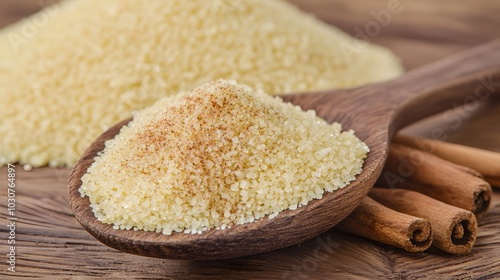 Sugar and Spice: A rustic wooden spoon holding a mix of sugar and cinnamon. The aroma seems to waft from the photo. 